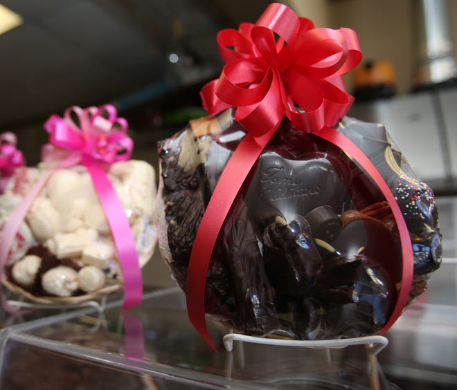 Gift baskets for Valentine's Day are shown at Ocala's Chocolate and Confections on East Fort King Street in Ocala, Fla. on Wednesday, Feb. 11, 2015. The business has been open for six years and is currently getting a lot of orders for Valentine's Day, including walk-ins.
