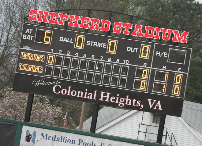 Shepherd Stadium's new, modern scoreboard is seen during a 2014 prep baseball game. PATRICK KANE/PROGRESS-INDEX PHOTO