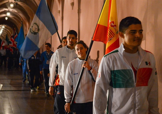 Pentathlon athletes parade in during the 2015 Modern Pentathlon Opening Ceremonies Tuesday, February 17 at the John and Mable Ringling Museum of Art.