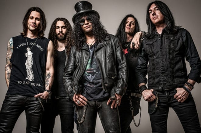 From left: Myles Kennedy, Frank Sidoris, Slash, Todd Kerns and Brent Fitz will be appearing at the Sherman Theater on May 5.