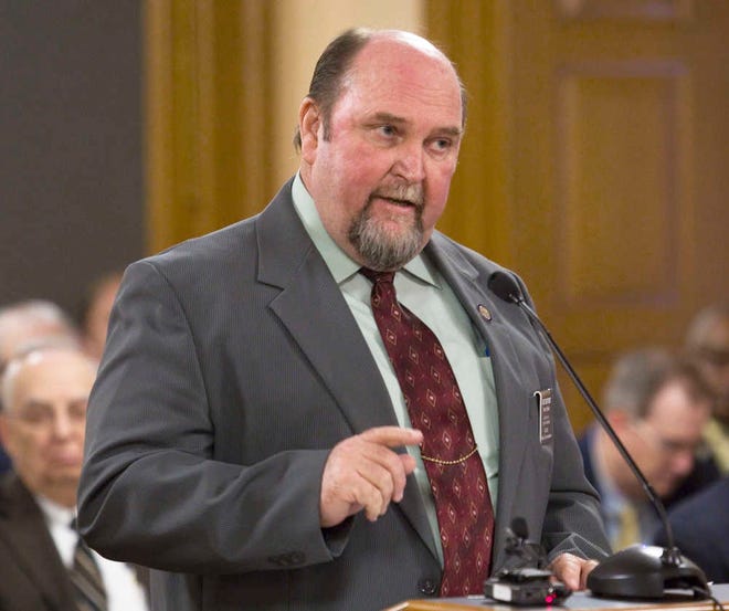 Rep. Joe Seiwert, R-Pretty Prairie, followed Rep. Virgil Peck, R-Tyro, Wednesday afternoon testifying in favor of House Bill 2234 before the House Education Committee. The bill would require the governing boards of community colleges and state universities to implement policies prohibiting employees from providing titles when authoring or contributing to newspaper opinion columns, which includes letters, op-eds and editorials.