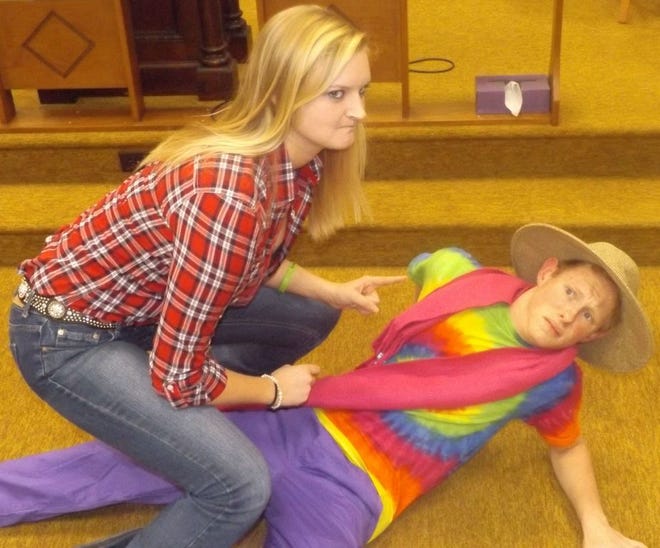 Samantha Raber and Skyler Dye rehearse for the Hope Players’ production of the Jaston Williams, Joe Sears and Ed Howard comedy, "Red, White and Tuna."