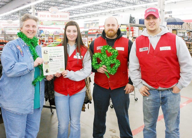Helping Animals Live Organization will conduct a St. Catrick's Day adoption clinic at Tractor Supply store on Mohawk Street in Herkimer on March 7. Pictured from left is Kate Pendergrass, a H.A.L.O volunteer, Willow Simmons, a manager at Tractor Supply, Christopher Olney, a manager at Tractor Supply, and John Pape, a Tractor Supply team member associate. GATEHOUSE NEW YORK PHOTO/STEPHANIE SORRELL-WHITE