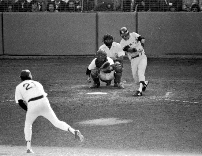 New York Yankees' Bucky Dent hits a three-run home run at Fenway Park in Boston Oct. 2, 1978. 

(AP photo)