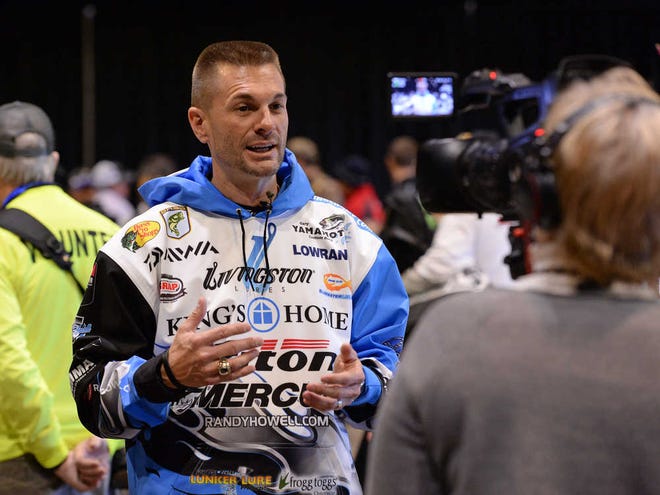 2014 Bassmaster Classic champion Randy Howell answers questions during the 2015 Bassmaster Classic media day in Greenville, S.C., Thursday, Feb. 19, 2015. (AP Photo/The Greenville News, Bart Boatwright)