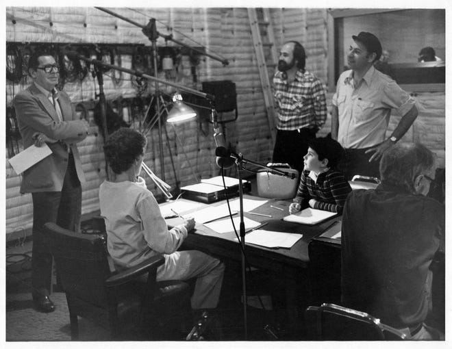 Recording session for "The Lemming Condition," Alan Arkin’s children's book for an NBC Animated Primetime Special. From left, Milton Berle, Carol Burnett, Nick Bosustow, Tony Arkin (Alan’s son), Alan Arkin and director Sam Weise. (Courtesy of Nick Bosustow)