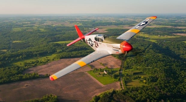 Tuskegee Airmen flew P-51C Mustang fighter planes commonly known as Red Tails during World War II. The single-seat, long-range escort fighter has become a distinct symbol of the historic role the pilots played in the war.