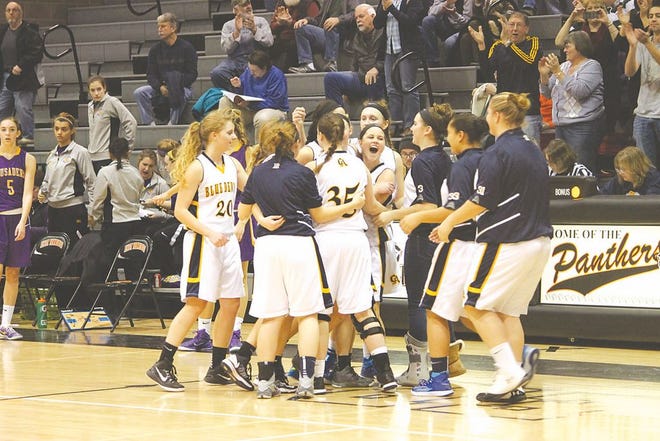 The elation was evident Sunday when the Greencastle-Antrim Blue Devil girls’ basketball team defeated Lancaster Catholic 45-41 in the District 3-AAA quarterfinals. (Photo by Dylan Coldsmith, Echo Pilot.)