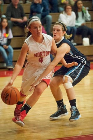 Morton's Chandler Ryan -- seen here in a file photo from earlier this postseason -- drives the ball around Cassie Somers of Fairbury Prairie Central at the Class 3A Morton Regional. On Monday, the Potters beat Mendota in the sectional semifinals.
