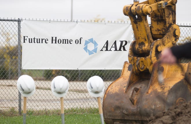 Shovels stand in the dirt before the groundbreaking on the AAR Corp. hangar at Chicago Rockford International Airport on Thursday, Oct. 16, 2014. RRSTAR.COM