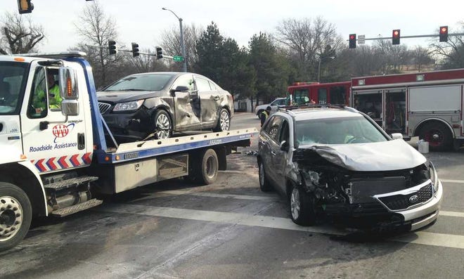 One person was hospitalized after a three-car crash Monday morning at S.W. 29th and Burlingame Road.