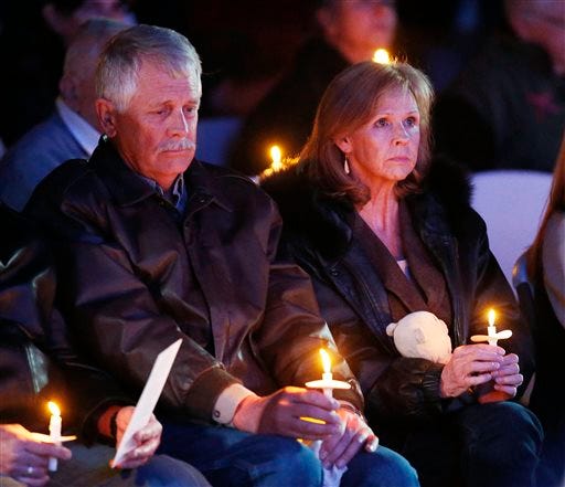 Carl, left, and Marsha Mueller hold candles at a memorial in honor of their daughter Kayla Mueller on Wednesday, Feb. 18, 2015, in Prescott, Ariz. Kayla Mueller's death earlier this month was confirmed by her family and U.S. officials. The 26-year-old international aid worker from Prescott had been captured in Syria in August 2013. (AP Photo/The Arizona Republic, Rob Schumacher)