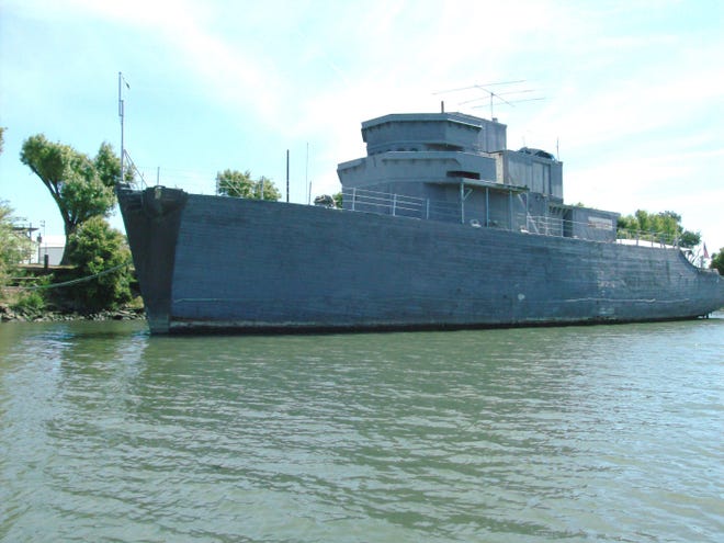 USS Lucid, seen from the water, lying at anchor in the Stockton Deep Water Channel. Courtesy of Tim Viall