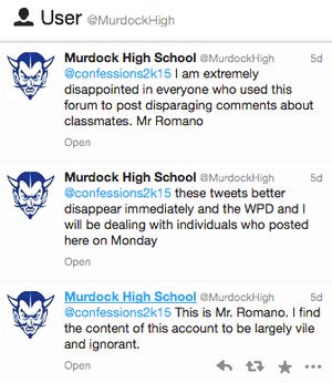 Twitter messages from Murdock High School Principal Joshua Romano
