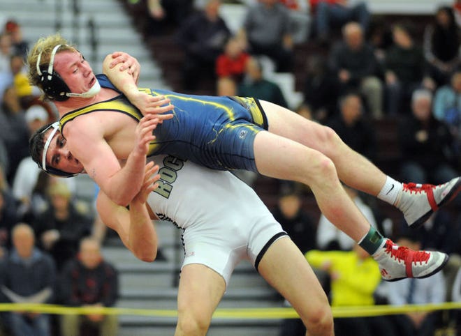 Council Rock North's Josh Shalinsky lifts Sun Valley's Alex Elliott during the 160 pound match at the Southeast Class AAA wrestling regionals at Oxford High School Saturday, February 28, 2015 in Oxford, Pennsylvania. Shalinsky defeated Elliott to win the championship. (Photo by William Thomas Cain/Cain Images)