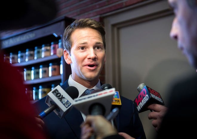 In this Journal Star file photo from Feb. 6, 2015, U.S. Rep. Aaron Schock answers questions from the media after a tumultuous week where his top aide Benjamin Cole resigned and Schock's office decoration design became a national story. Schock was back in town speaking to the Peoria County Farm Bureau.