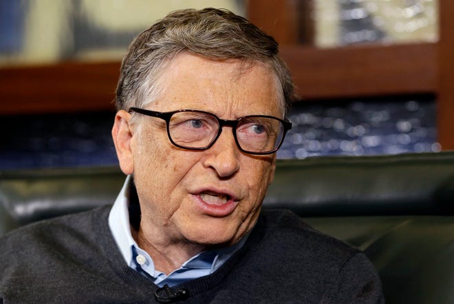 Microsoft co-founder and Berkshire Hathaway board member Bill Gates speaks during an interview with Liz Claman on the Fox Business Network in Omaha, Neb., on May 5, 2014.