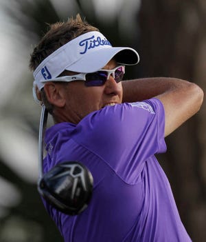 Ian Poulter hits from the second tee during the final round of the Honda Classic golf tournament, Sunday, March 1, 2015, in Palm Beach Gardens, Fla. (AP Photo/Luis M. Alvarez)