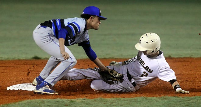 Shelby’s Tyler Hendrix slides into the tag at second as RS-Central’s Tylor Brown handles the throw during Monday’s South Mountain Athletic Conference at Keeter Stadium/Veterans Field. The visiting Hilltoppers broke things open in the top of the seventh for a 13-4 win. (Brittany Randolph / The Star)