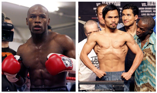 FILE - In this combination of file photos, Floyd Mayweather Jr., left, prepares to spar at a gym in east London on May 22, 2009, and Manny Pacquiao, right, of the Philippines, weighs in for the junior welterweight boxing match against British boxer Ricky Hatton, May 1, 2009, in Las Vegas. Floyd Mayweather Jr. will meet Manny Pacquiao on May 2, 2015 in a welterweight showdown that will be boxing's richest fight ever. Mayweather himself announced the bout Friday, Feb. 20, 2015 after months of negotiations, posting a picture of the signed contract online. (AP Photos/Alastair Grant and Rick Bowmer, File)