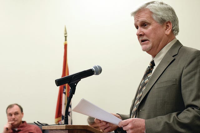 CHAD HUNTER TIMES RECORD    Greenwood Mayor Doug Kinslow gives a "state of the city" address Monday night, March 2, 2015, during a City Council meeting.