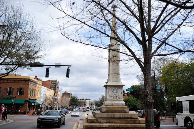 The Confederate Monument listing the names of Athens' Civil War dead along Broad Street in downtown Athens, Ga., photographed on Wednesday, March 4, 2015. (AJ Reynolds/Staff, @ajreynoldsphoto)