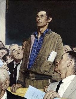"Freedom of Speech" depicted by Norman Rockwell in his 1943 rendering, "The Four Freedoms."