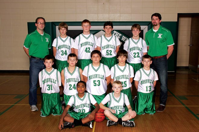 The Mossville seventh-grade boys basketball team finished its 2014-15 season with a record of 21-1, the only loss coming in postseason play. Pictured are, from left to right: (first row) Micah Schultz and Evan Schoonover; (second row) Collin Eisenbarth, Holt Geltmaker, Silas Parrott, Alex Fulton and Leland Alton; (third row) head coach Brady Miller, Kam Wollard, Peyton Feldman, Nick Alahi, Jacob Thomas and assistant coach Jordan Parr.