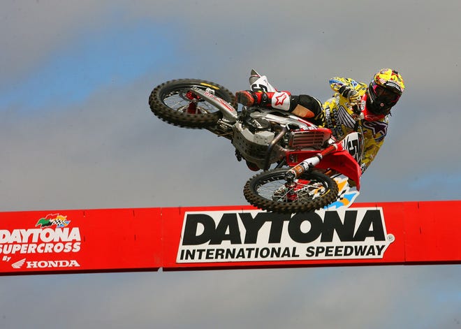 Rider Justin Barcia takes to the air while riding the Supercross course last year at Daytona International Speedway.