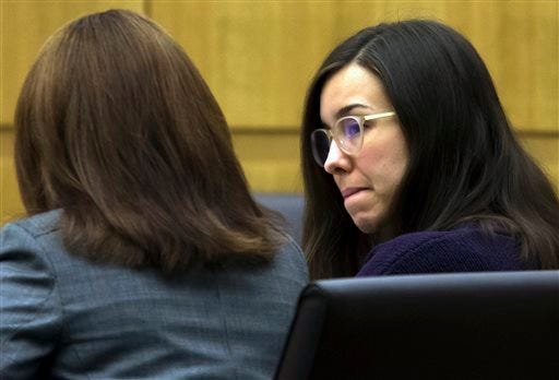 This Thursday, Feb. 5, 2015, file photo, Jodi Arias, right, sits with her defense attorney Jennifer Willmott during the sentencing phase of her retrial at Maricopa County Superior Court in Phoenix. The jury in the Arias case has reached a verdict on whether the convicted murderer should be sentenced to life in prison or death for killing her lover nearly seven years ago on Thursday, March 5, 2015. (AP Photo/The Arizona Republic, Mark Henle, Pool, File)