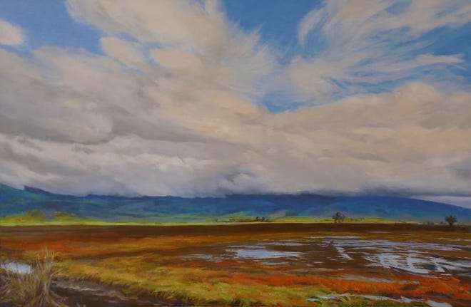 "March Storm Rolls Over Coburg Hills" is an 
oil on canvas 
work by Margaret Prentice.