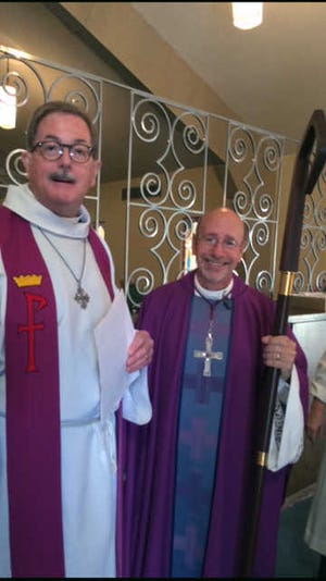 Pastor Richard Dow (left) has served as interim pastor for Memorial Lutheran Church for the last 2½ years. He will be moving on as the church welcomes new pastor Tom McGawley this week. Pictured with the Rev. Bishop Robert Schaefer.