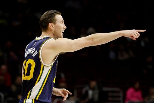 Utah Jazz's Gordon Hayward reacts after scoring a basket during the first half of an NBA basketball game against the Philadelphia 76ers, Friday, March 6, 2015, in Philadelphia. (AP Photo/Matt Slocum)