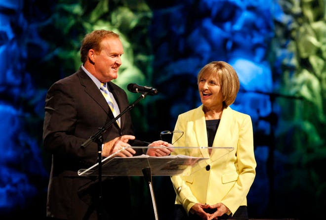 DARON.DEAN@STAUGUSTINE.COM Standing with his wife, Susan, St. Johns County Superintendent of Schools Joe Joyner speaks before the two received this year's community service award during the annual Celebration of Caring Luncheon in the Christian Life Center at Anastasia Baptist Church on Friday, March 6, 2015. The luncheon marked BayView Healthcare's 95 years of service.