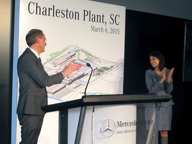 Bruce Smith/Associated Photo Volker Mornhinweg, left, the head of Mercedes-Benz Vans and South Carolina Gov. Nikki Haley applaud at a Friday news conference in North Charleston, S.C., after unveiling a drawing of a new van assembly plant the company plans to build in North Charleston. The new plant to assemble Sprinter vans represents a $500 million investment and is expected to create 1,300 jobs. Construction is to begin next year.