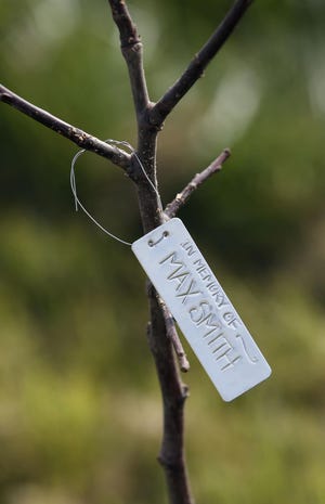 Volunteers planted 200 apple trees that FOOD for Lane County officials say some day will bear 16,000 pounds of apples a year. Several of the tags bear messages to loved ones who’ve died, such as this one for Max Smith. (Andy Nelson/The Register-Guard)