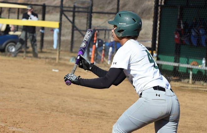 Richard Bland College's Amanda Archer prepares to bunt Sunday during a Region X doublehaeder against Patrick Henry Community College. Archer hit two home runs and recorded five RBIs as RBC claimed a 10-0 victory in Game 2. Joanne Williams/RBC Sports Information Photos