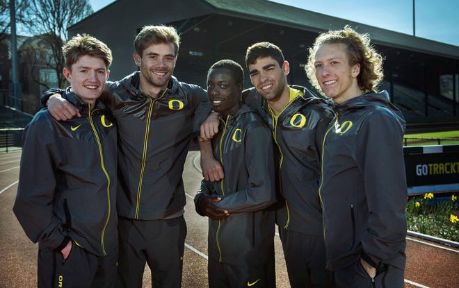 Oregon’s five men running in the 3,000 meters at the NCAA Indoor Championships (from left) Eric Jenkins, Will Geoghegan, Edward Cheserek, Jeramy Elkaim and Parker Stinson give the Ducks one of the most formidable distance presences at the meet. (Andy Nelson/The Register-Guard)