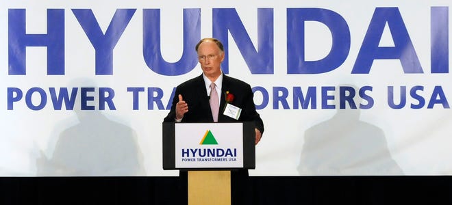 Governor Robert Bentley speaks during the grand opening ceremony for Hyundai Power Transformers USA in Montgomery, Ala. on Friday Nov. 18, 2011. The $108 million plant will manufacture power transformers for utility companies and other firms. (AP Photo/Montgomery Advertiser, Mickey Welsh)