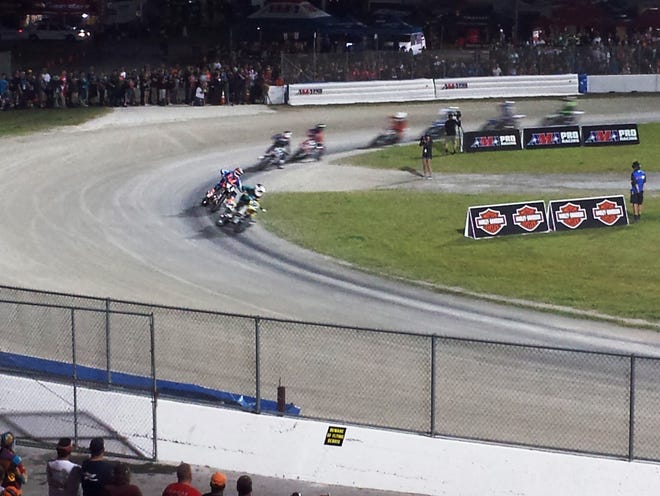Riders work their way out of Turn 3 into Turn 4 in the AMA GNC1, 25-lap Final at Daytona on Thursday.