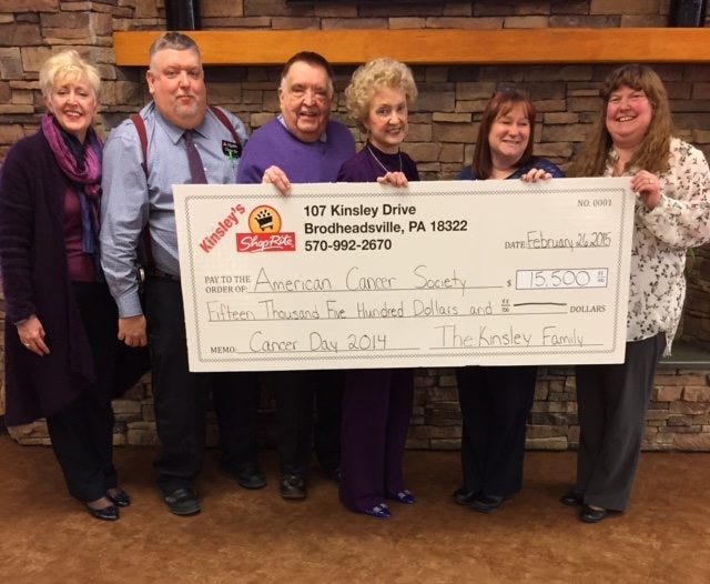 Kinsley's ShopRite presented a check to American Cancer Society for fundraiser held in September 2014. From left are Dee Dee Kinsley-Jacoby; Chris Kinsley Sr.; Robert Kinsley; Doris Kinsley; Lisa Hoey, American Cancer Society; and Lori Fernandez.

Photo provided