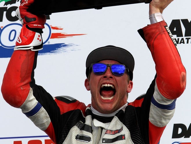 Danny Eslick celebrates in Victory Lane after winning the Daytona 200 at Daytona International Speedwa on Saturday.