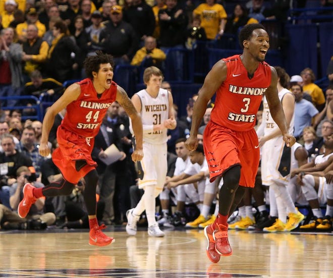 Illinois State guards Daishon Knight (right) and DeVaugn Akoon-Purcell (44) react after upsetting eighth-ranked Wichita State in an NCAA college basketball game in the semifinals of the Missouri Valley Conference tournament between Wichita State and Illinois State on Saturday, March 7, 2015, at the Scottrade Center in St. Louis, Mo.