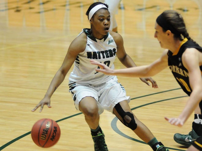 Stetson's Brianti Saunders (10) drives against Northern Kentucky's Christine Roush (10) in the first half during an Atlantic Sun Conference game at the Edmunds Center in DeLand on March 11.