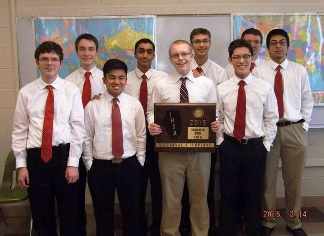 Members of the Auburn High School Scholastic Bowl team who will be competing for the state championship Friday include (left to right) Joshua Day, Henry Roe, Steven Vo, Usman Haseeb, Cole Timmerwilke, Evan Pandya, William Jiang, Bradley McLain, and Mohammad Nizamuddin.