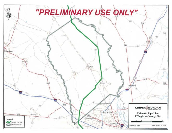 Map showing proposed route through Effingham County of the Palmetto Pipeline. (Courtesy Kinder Morgan).