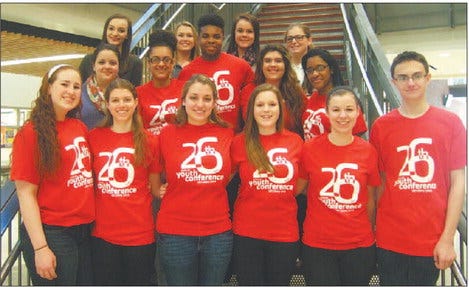 Attending the B-R Youth Conference at Bridgewater State University were front row, from left, Cierra Sheerin, Elise McGovern, Ashley Whittaker, Kaci Hall, Bridget Newbury and Brandon Dion; middle row, Maddie Aponte, Fianelyz Fuentes, Dawud Crayton, Jr., Carlyn Mason and Asia Springer-Jackson; back row, Bridget Curley, Ali Daisy, Lauren Dion and Emily Crisifulla.