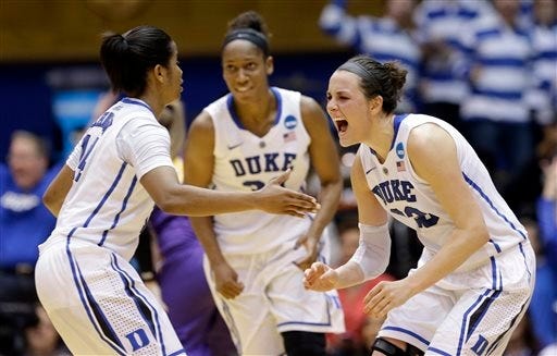 Duke's Rebecca Greenwell, right, and Ka'lia Johnson react following Greenwell's 3-point basket to take the lead against Albany late in the second half of a women's college basketball game in the first round of the NCAA tournament in Durham, N.C., Friday, March 20, 2015. Duke won 54-52. Duke's Amber Henson looks on at rear.