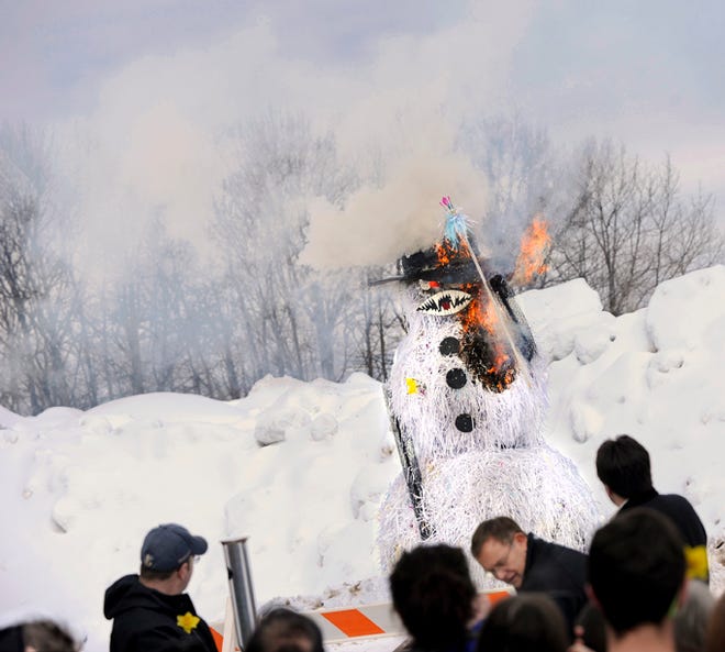A 14-foot effigy goes up in smoke to welcome spring during last year’s annual burning of a snowman at Lake Superior State University. This year’s burn is Monday, March 23, at noon on the north side of LSSU’s Walker Cisler Center in Sault Ste. Marie, Mich. The annual ceremony has been going on since 1971. This year’s 45th annual ceremony has expanded to include a “funeral” march through campus, a mock trial and sentencing, and seasonal readings by LSSU’s English Club.