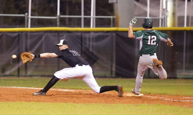 Mosley's Dillon Brown (12) beats out a throw to first base.